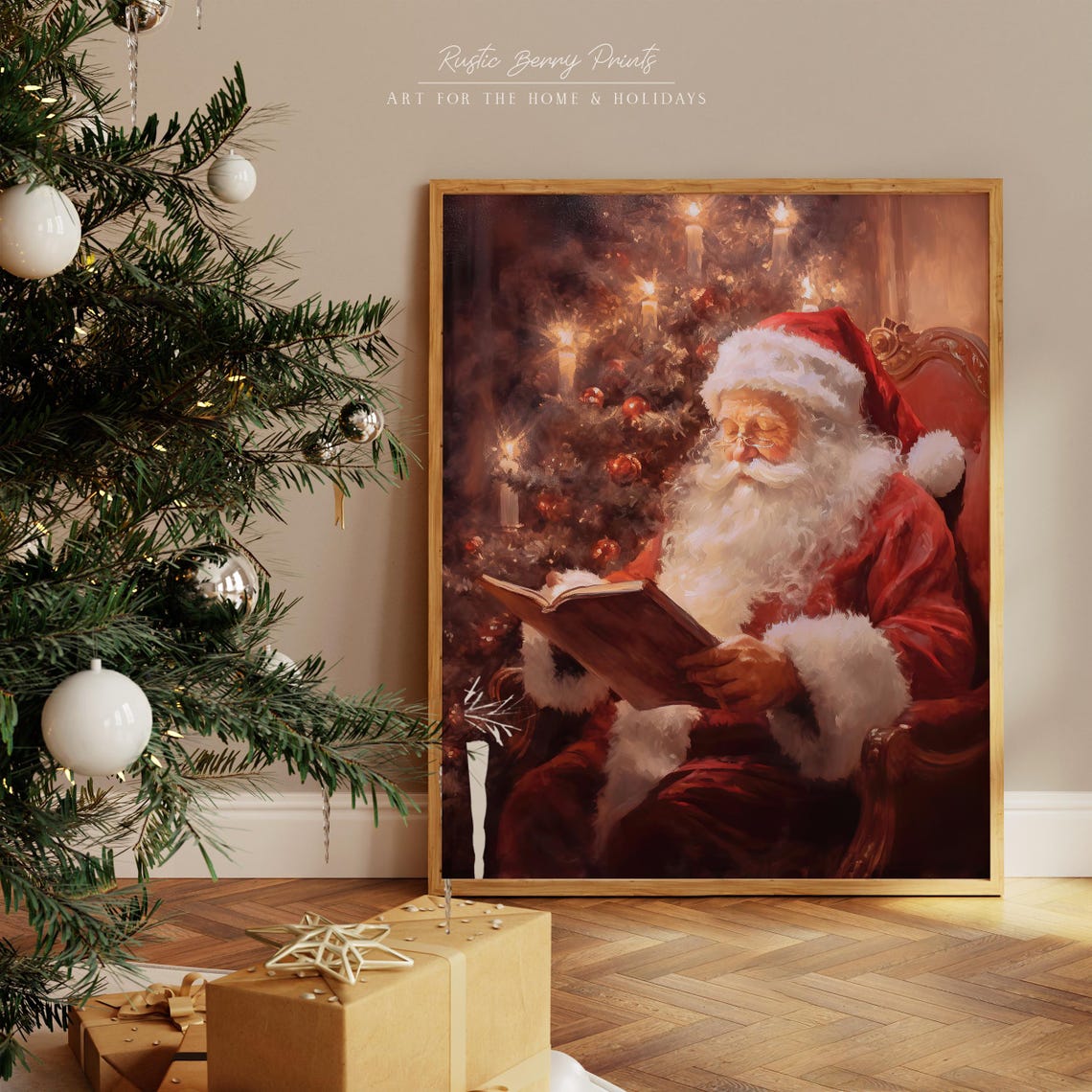 Vintage Santa Claus Reading by Christmas Tree Candlelight Holiday Art