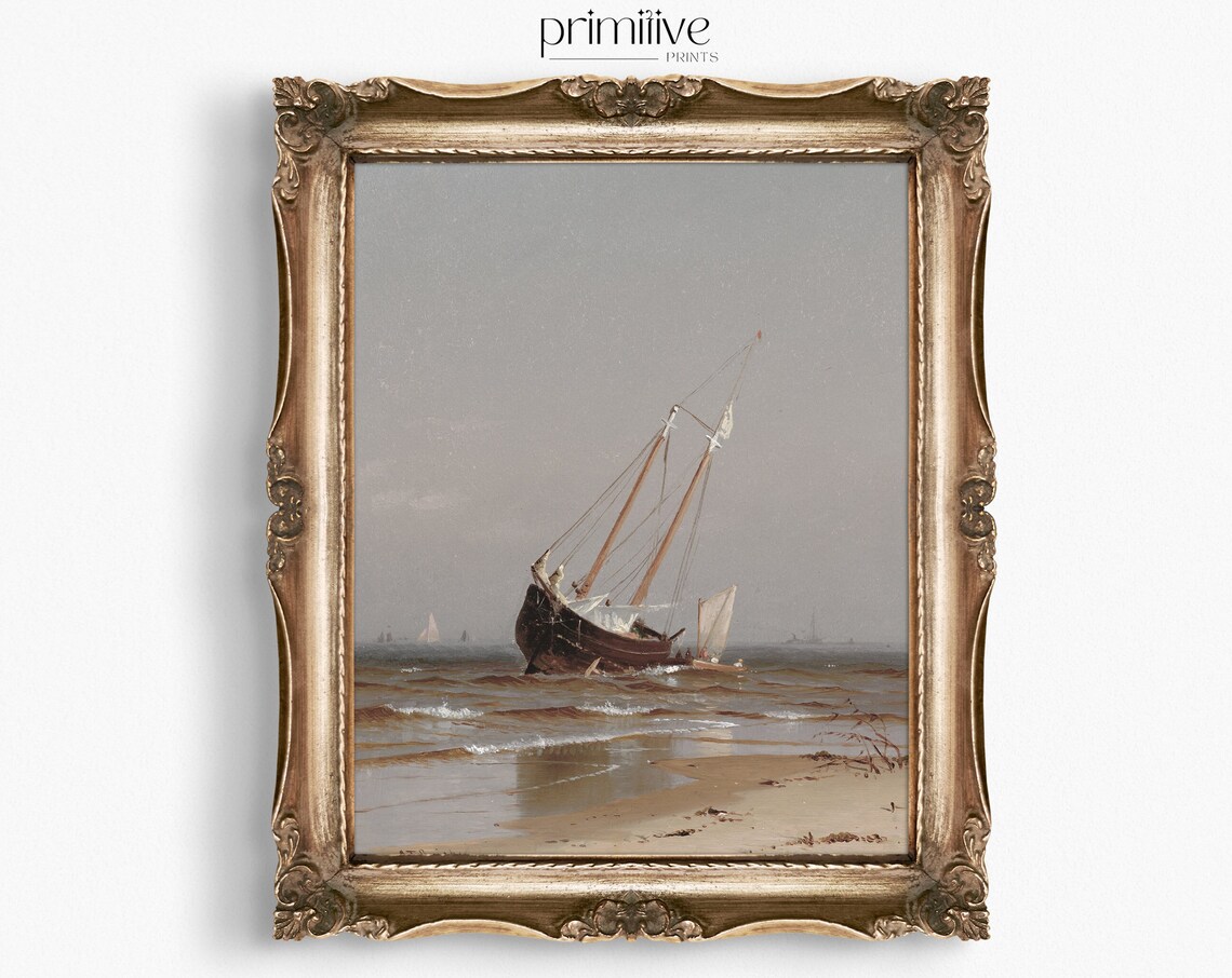 Beached Sailing Ship Shore Muted Seascape Oil Painting Poster - Image 4
