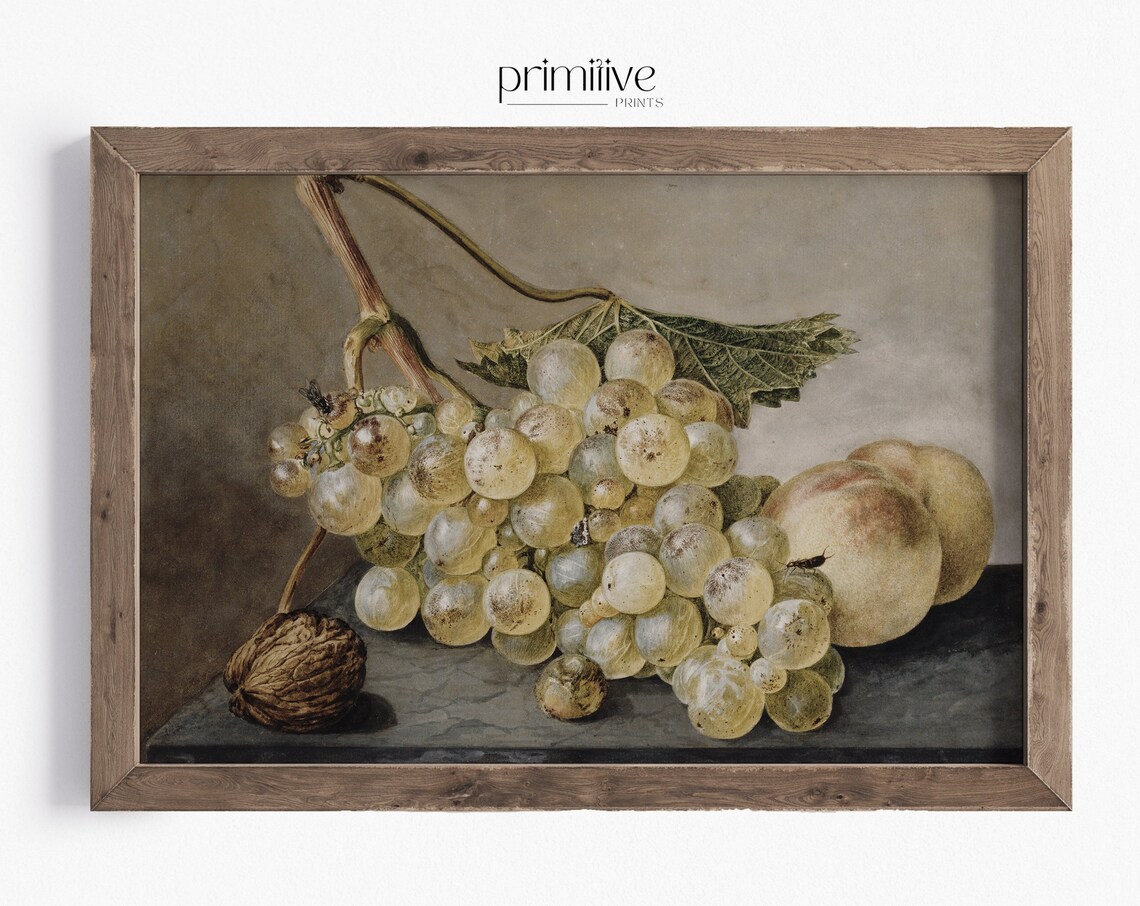White Grapes Peaches Dutch Style Still Life Oil Painting Poster