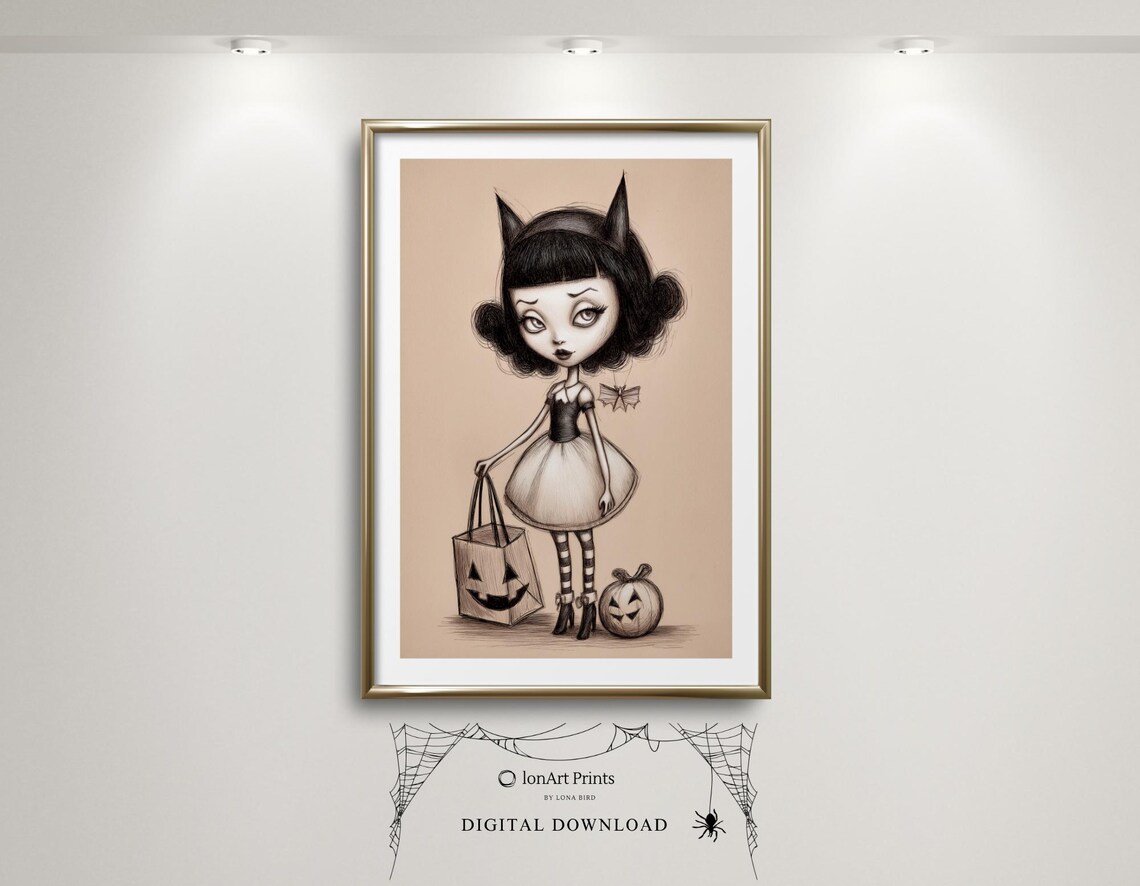Cute Gothic Devil Girl Halloween Poster Trick or Treat Kids Spooky Art