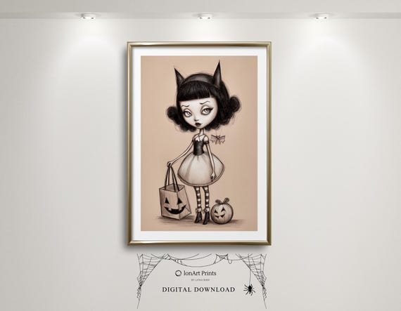 Trick Or Treat Halloween Kids Wall Art Cute Gothic Girl Spooky Pumpkin Poster Festive Nursery Sesonal Decor