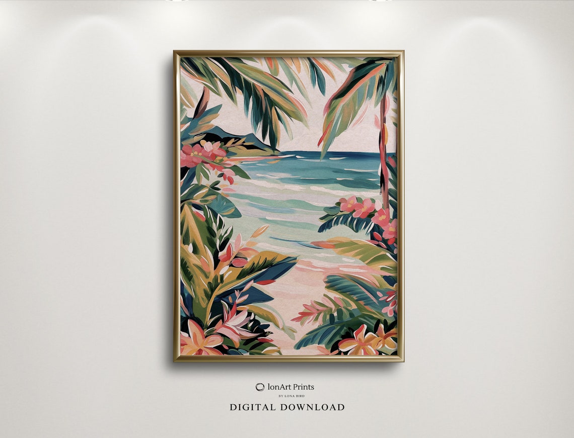 Tropical Beach Through Palm Leaves Poster Turquoise Ocean Jungle Art