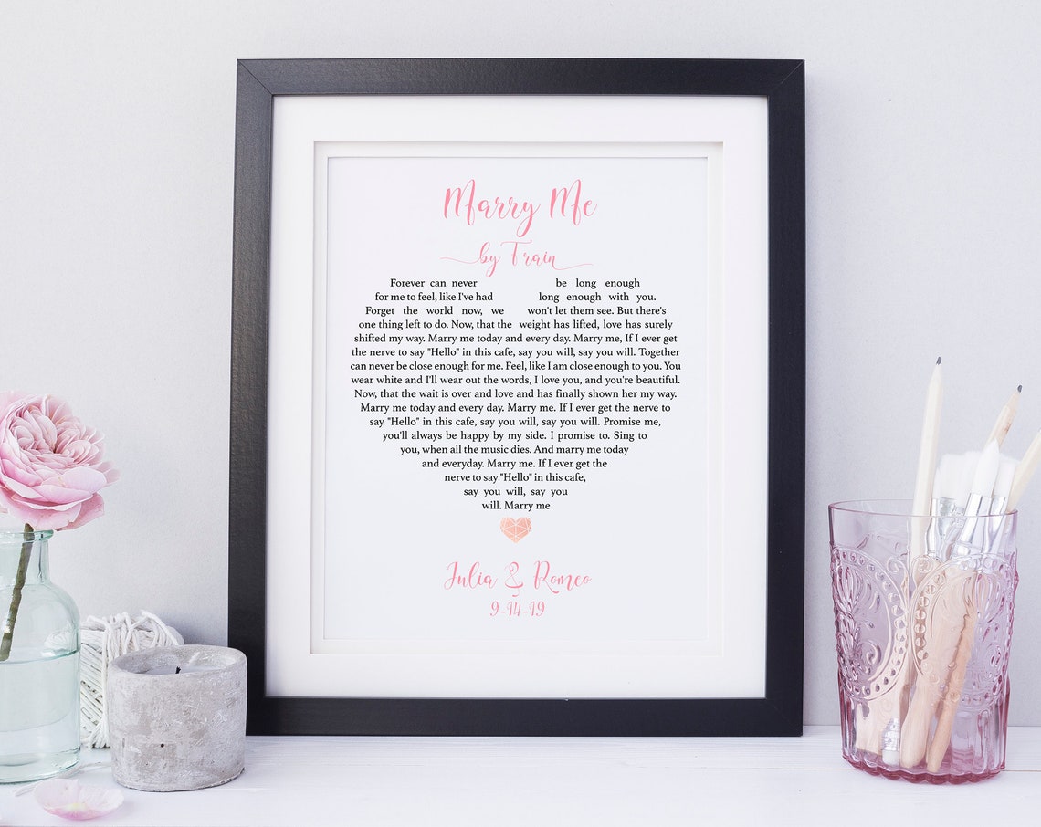 Marry Me by Train Heart Shaped Blush Pink Wedding Lyrics Print