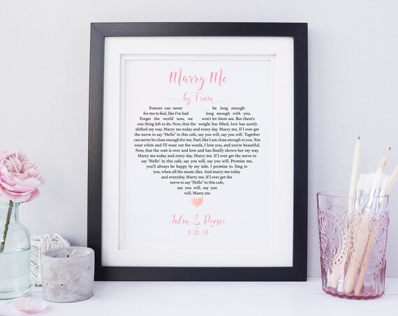 Marry Me by Train Heart Shaped Blush Pink Wedding Lyrics Print