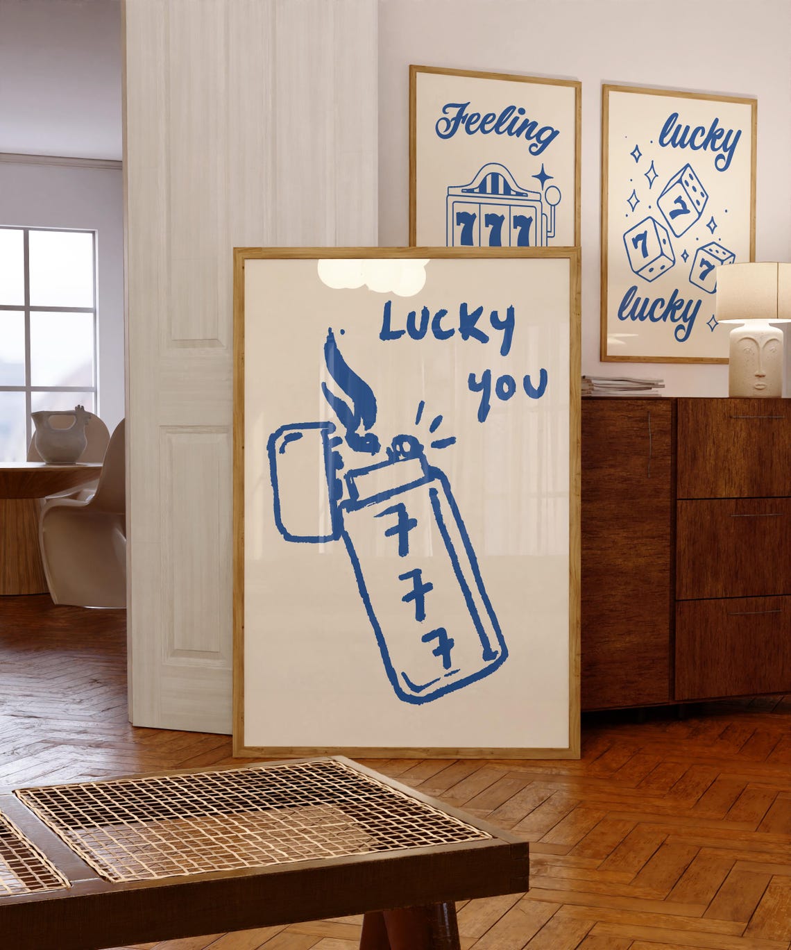 Blue Lucky You 777 Lighter Doodle Poster for Retro Aesthetic Decor