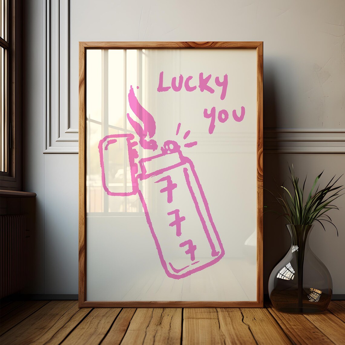 Pink Lucky You 777 Lighter Doodle Poster for Retro Aesthetic Decor - Image 4