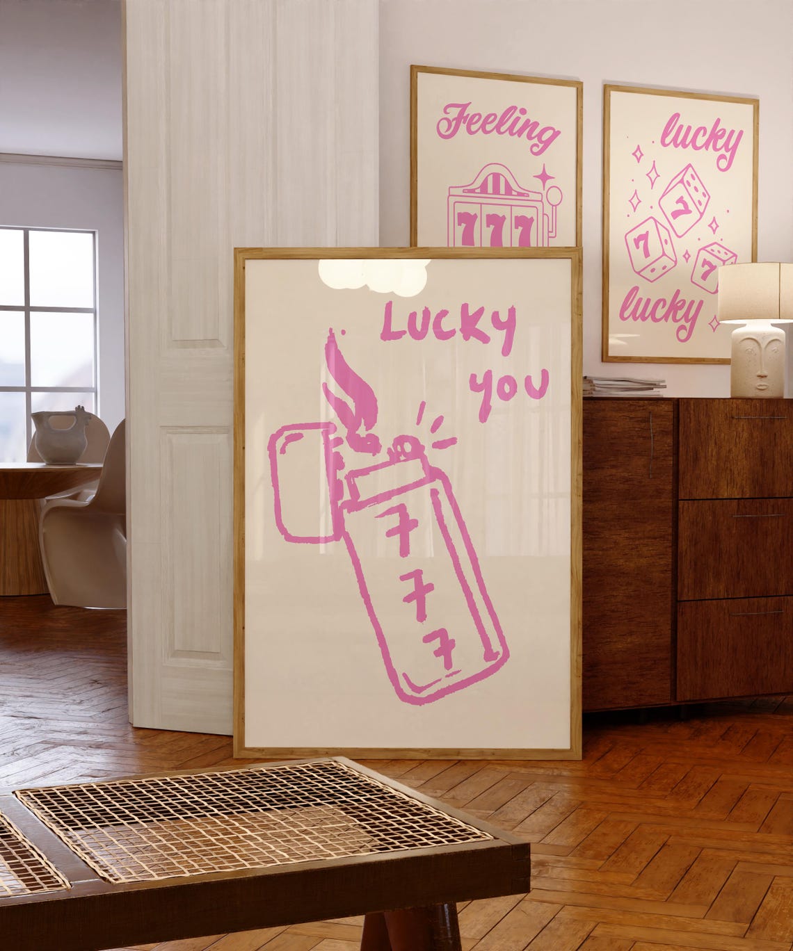 Pink Lucky You 777 Lighter Doodle Poster for Retro Aesthetic Decor