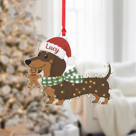 Personalized Dachshund Lucy Christmas Ornament Santa Hat Gift Poster