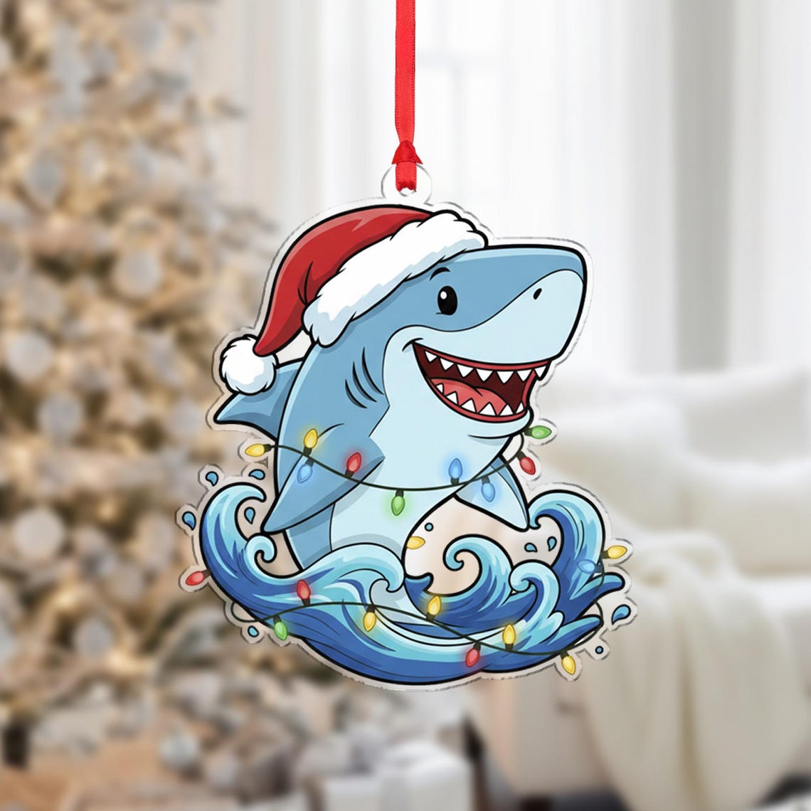Cute Santa Shark Christmas Tree Ornament Cartoon Ocean Waves Poster