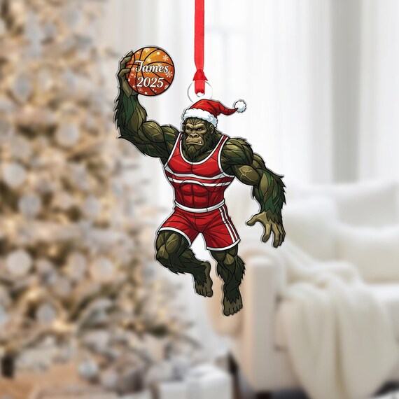 Personalized Basketball Bigfoot Ornament Santa Hat Player Holiday Gift Poster