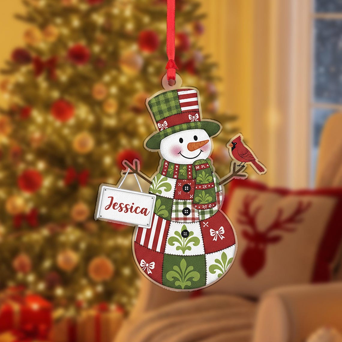 Personalized Patchwork Snowman Christmas Ornament Custom Name Poster