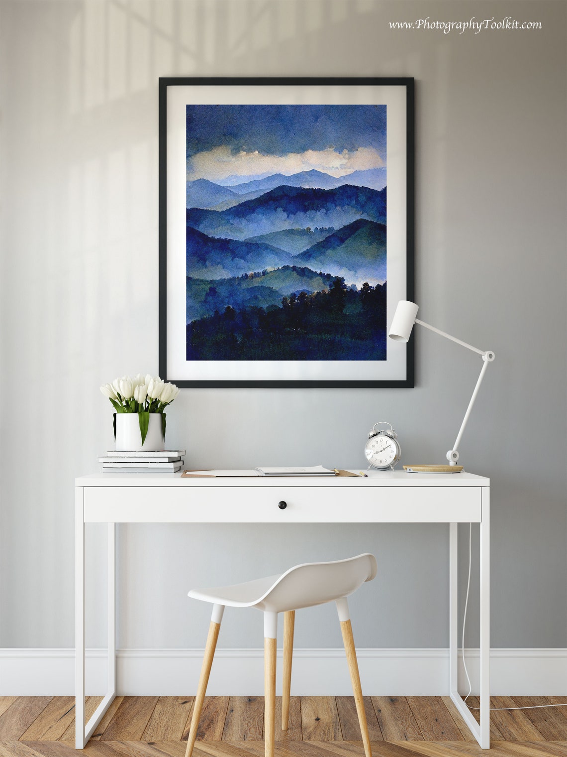 Misty Mountains Blue Watercolor Fog Layers Over Dark Peaks Art Poster - Image 2
