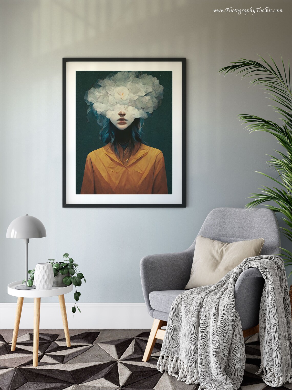 Surreal Woman Portrait with Cloud of White Flowers Dreamy Art Poster - Image 5
