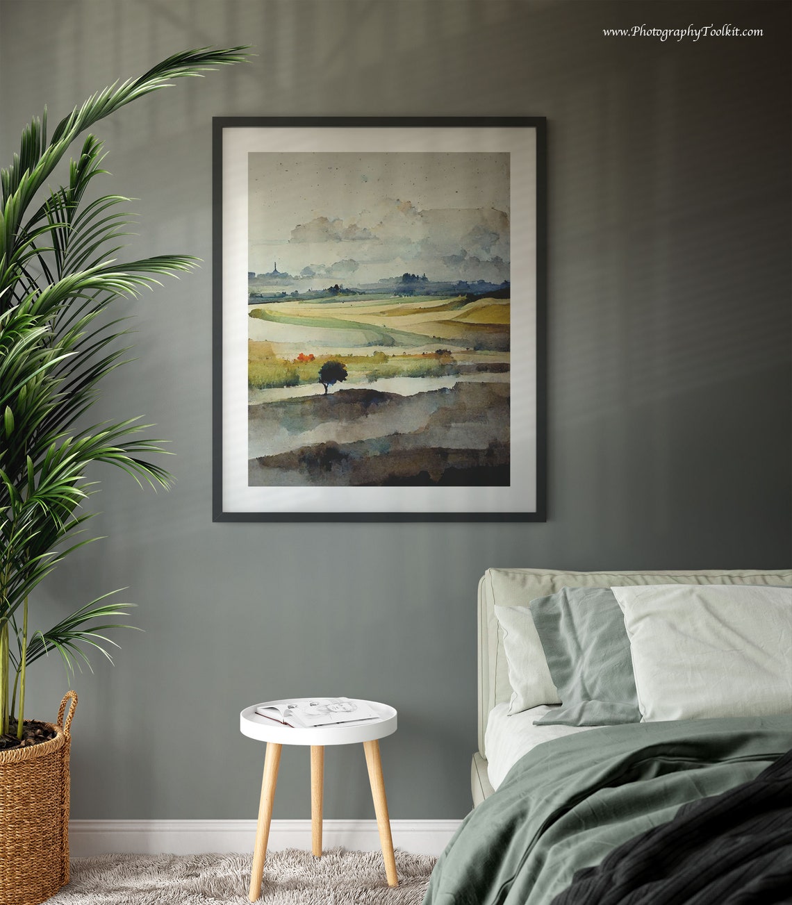 Quiet Fields Lone Tree Muted Sky Watercolor Landscape Poster - Image 3