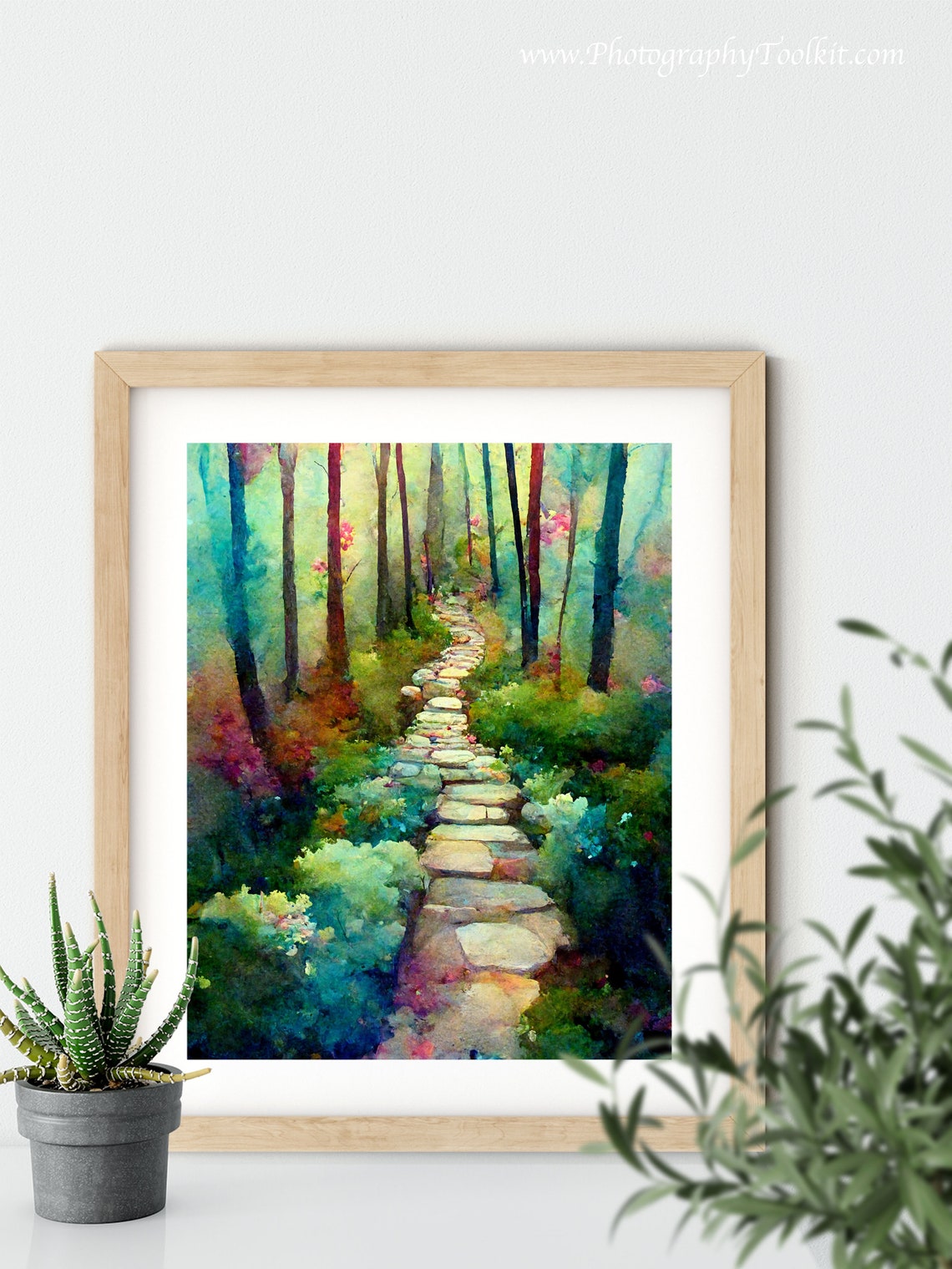 Enchanted Forest Stone Path Watercolor Colorful Trees Garden Poster - Image 5