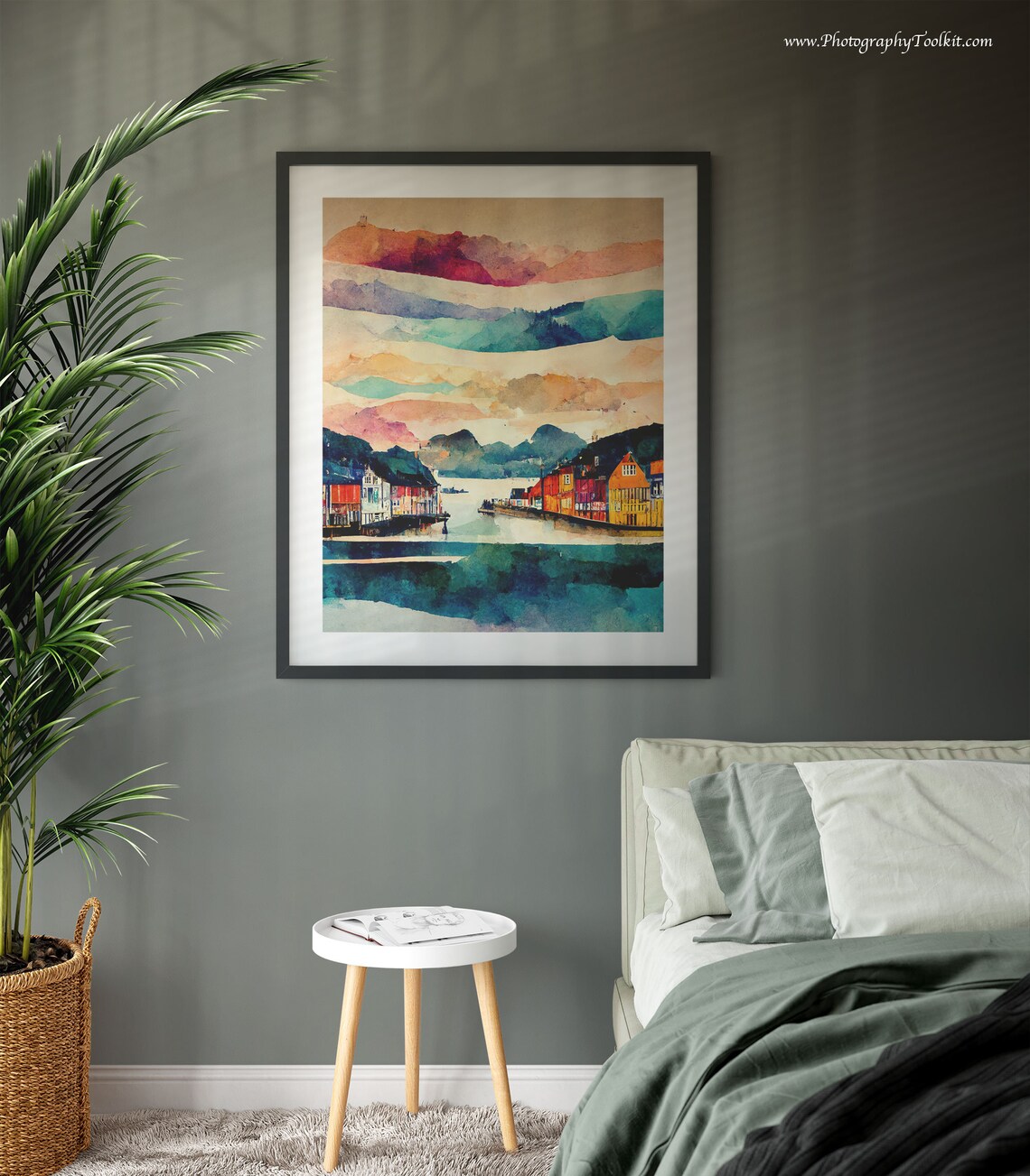 Bergen Norway Bryggen Waterfront Colorful Houses Watercolor Poster - Image 3