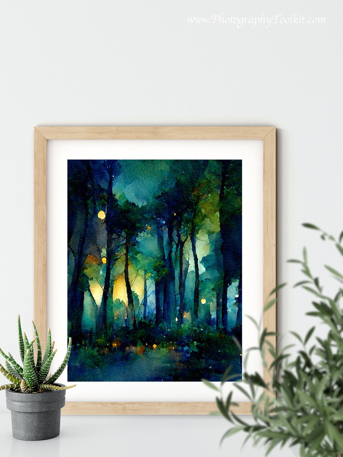 Moonlit Forest Night Glowing Moon Watercolor Dark Trees Poster - Image 5