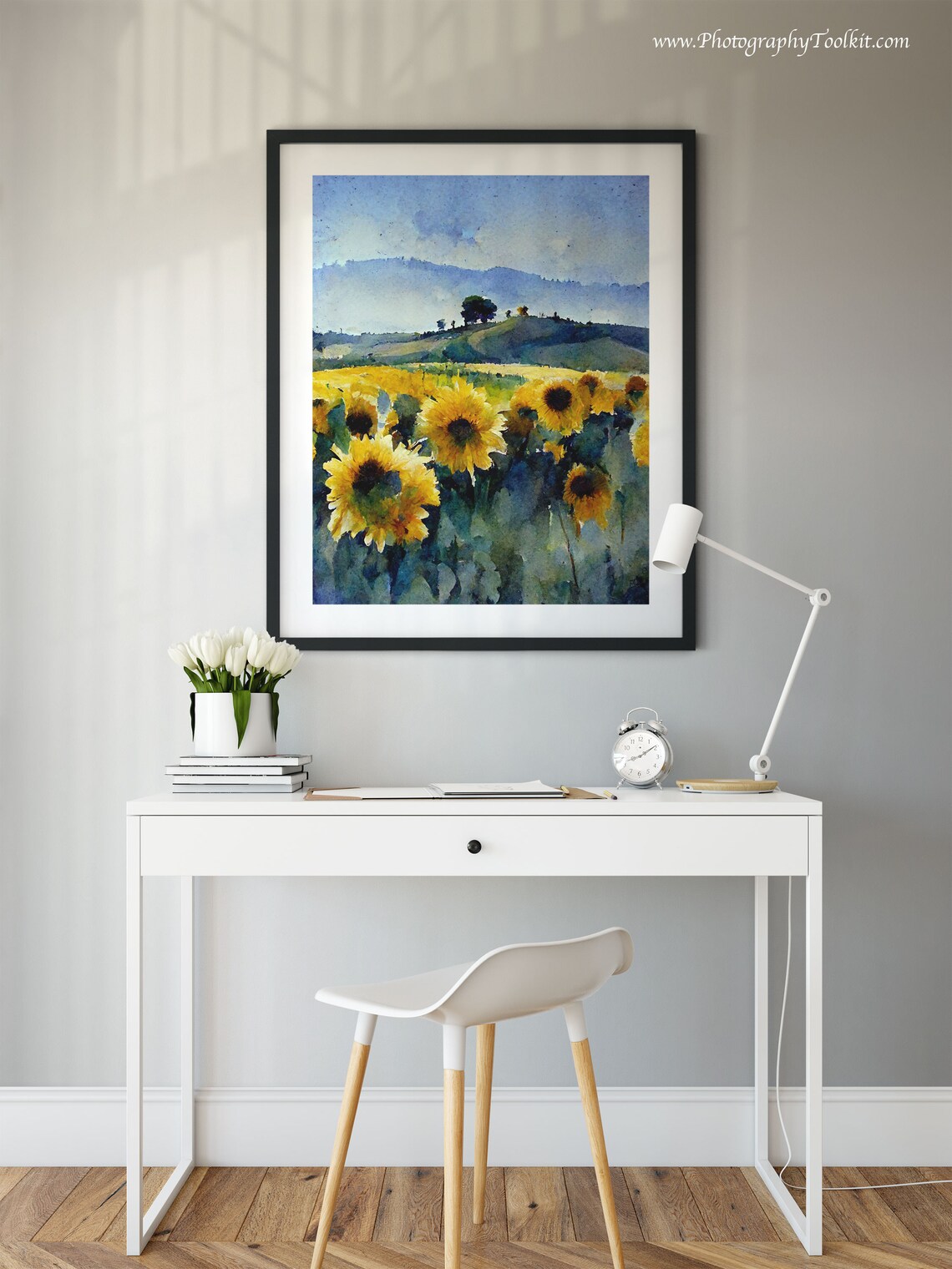 Sunflower Field Blue Hills Watercolor Summer Floral Meadow Poster - Image 2