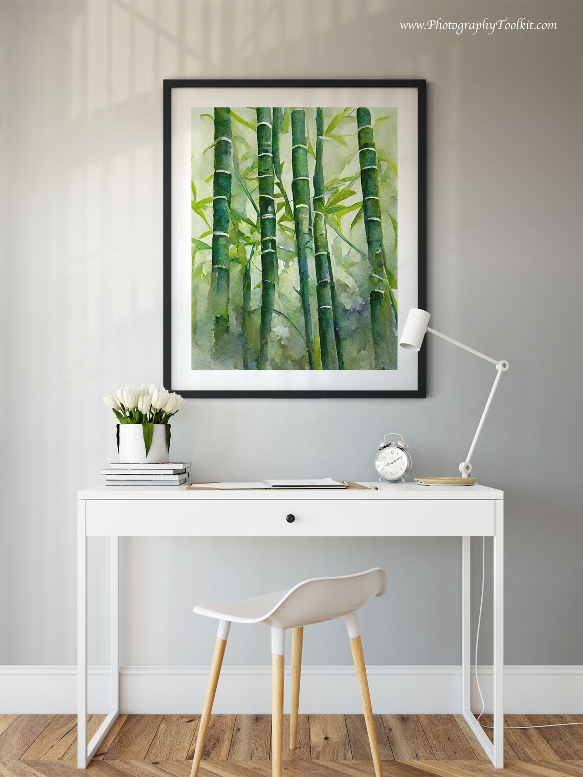 Tall Green Bamboo Stalks in Soft Morning Mist Watercolor Art Poster - Image 2