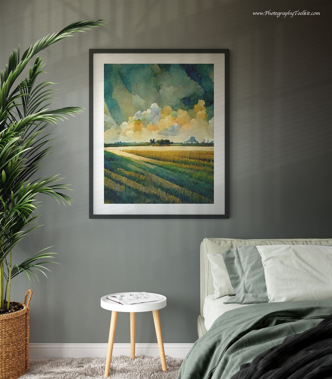Golden Field Dramatic Golden Clouds Watercolor Landscape Poster - Image 3