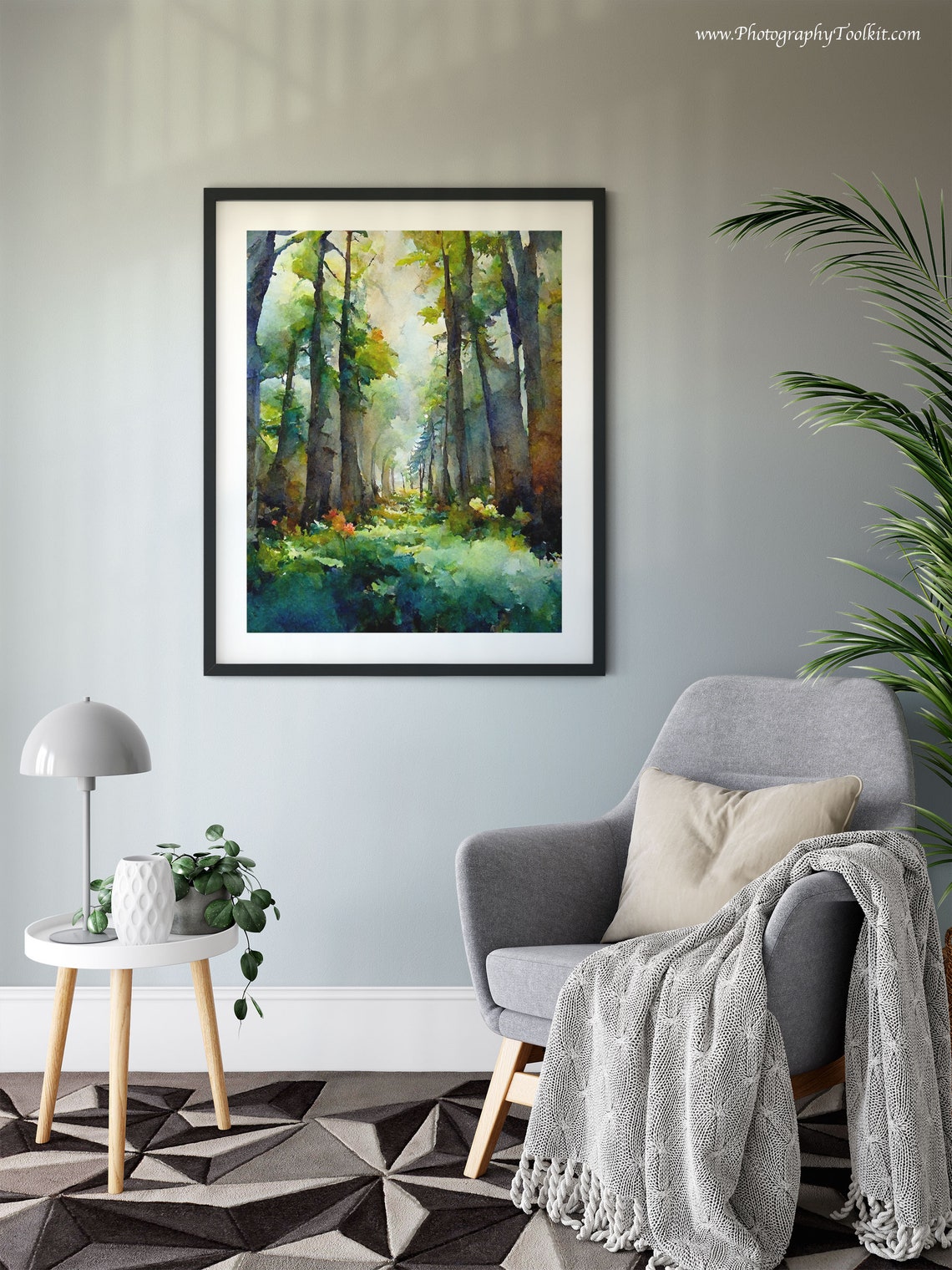 Sunlit Forest Interior Tall Trees Watercolor Golden Light Woods Poster - Image 6