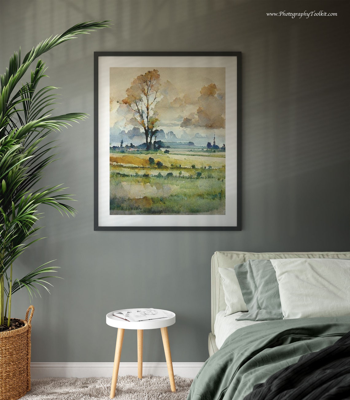 Lone Tree Meadow Soft Clouds Watercolor Tranquil Landscape Poster - Image 3