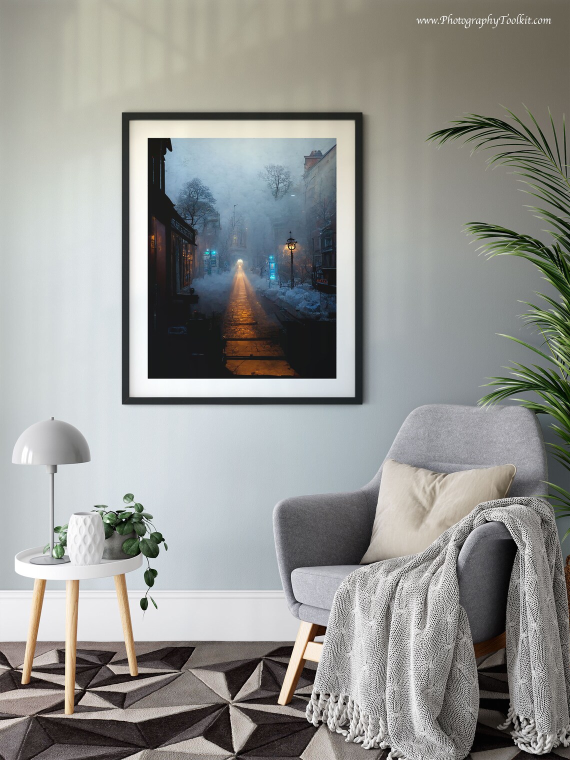 Snowy City Street At Night Lamp Light Winter Evening Scene Poster - Image 6