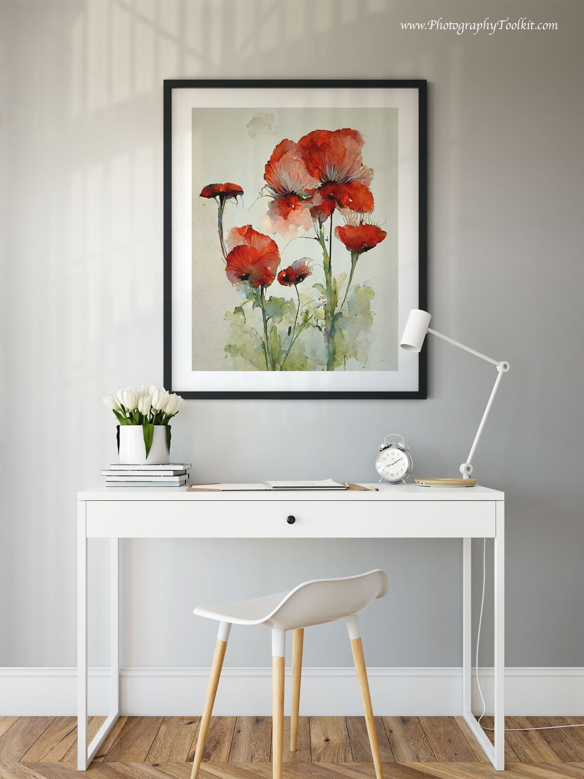 Red Poppies Pink Wash Watercolor Delicate Floral Botanical Art Poster - Image 2