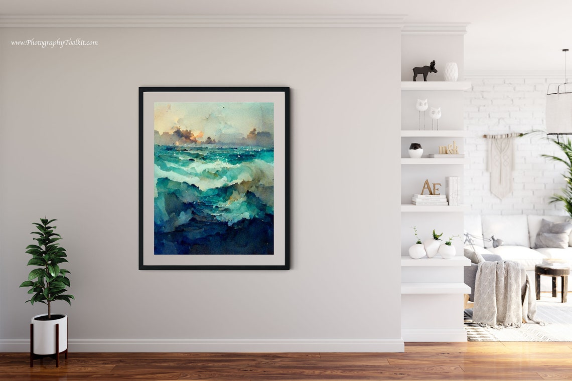 Rolling Ocean Waves Sunlit Clouds Watercolor Teal Sea Art Poster - Image 4