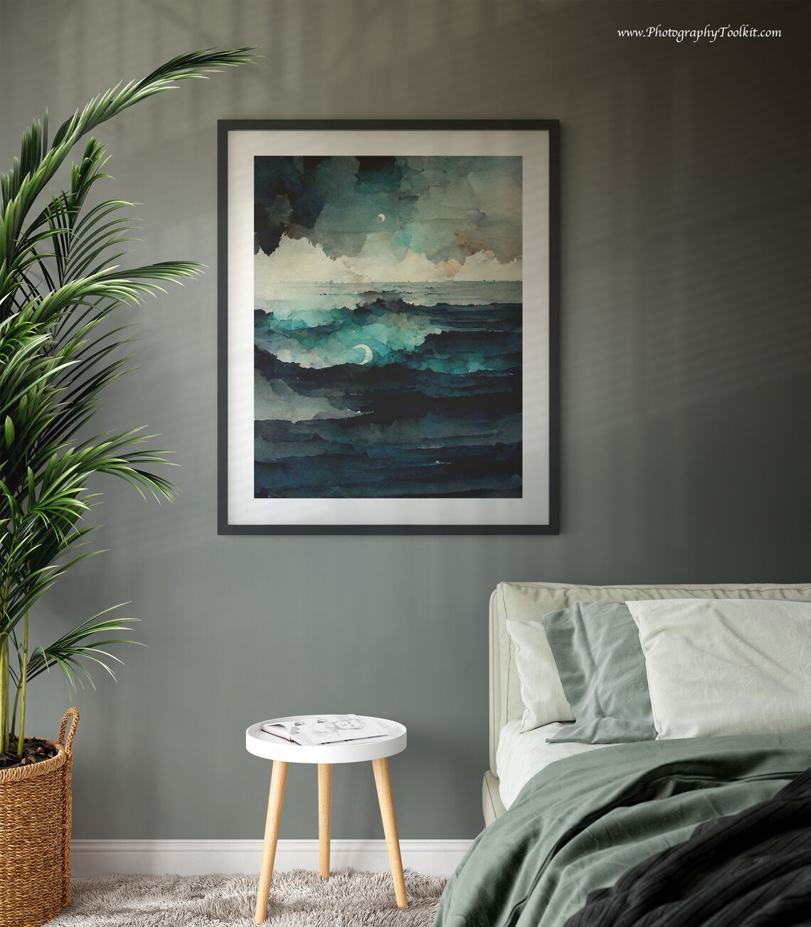 Dark Moonlit Ocean Waves Night Sea Watercolor Moody Coastal Poster - Image 3
