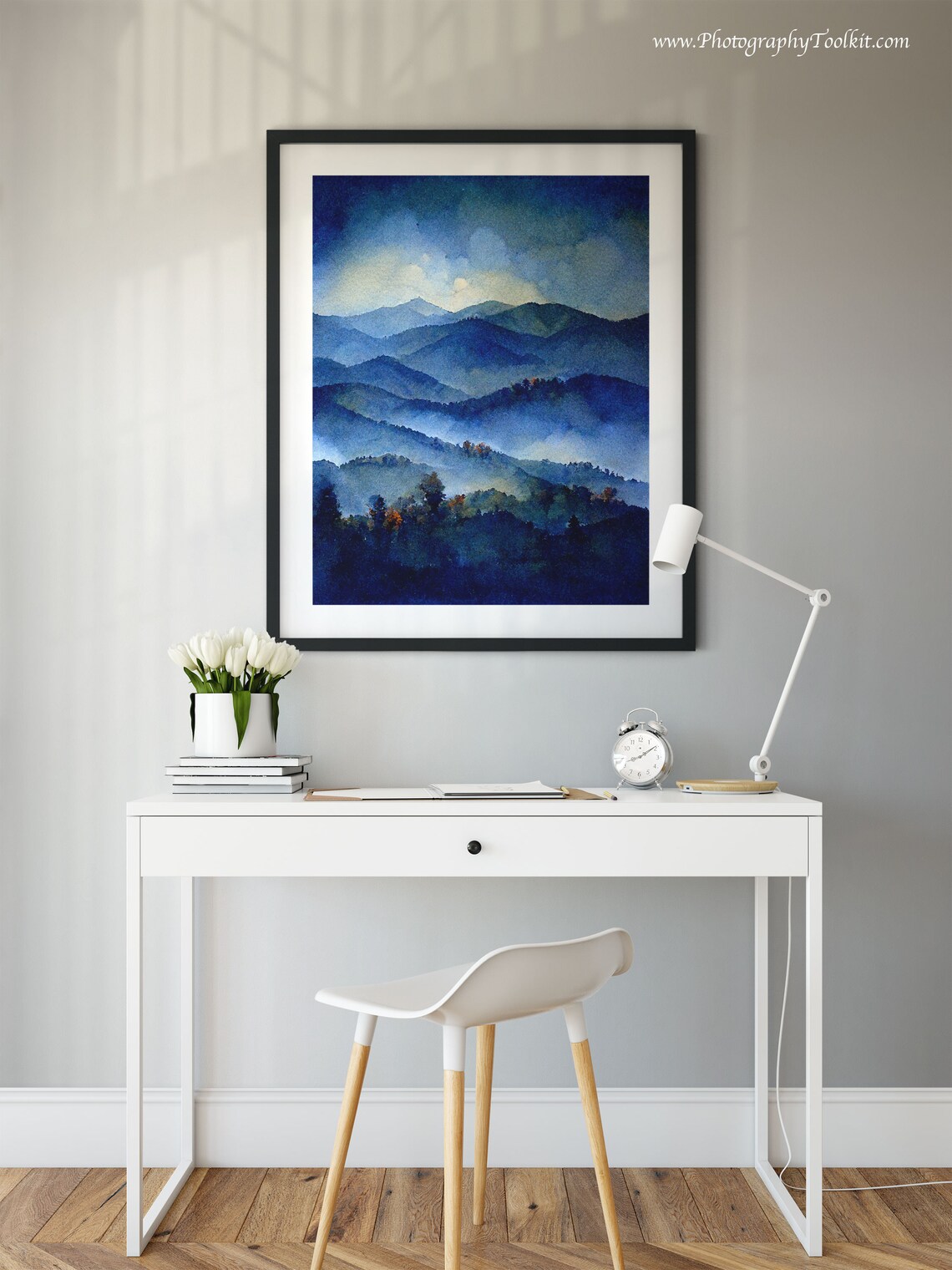Misty Blue Mountain Peaks Watercolor Soft Light Over Foggy Art Poster - Image 2