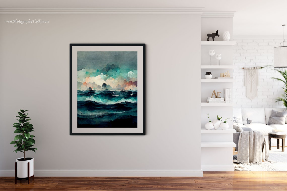 Turquoise Ocean Waves Moonlit Clouds Watercolor Coastal Art Poster - Image 4