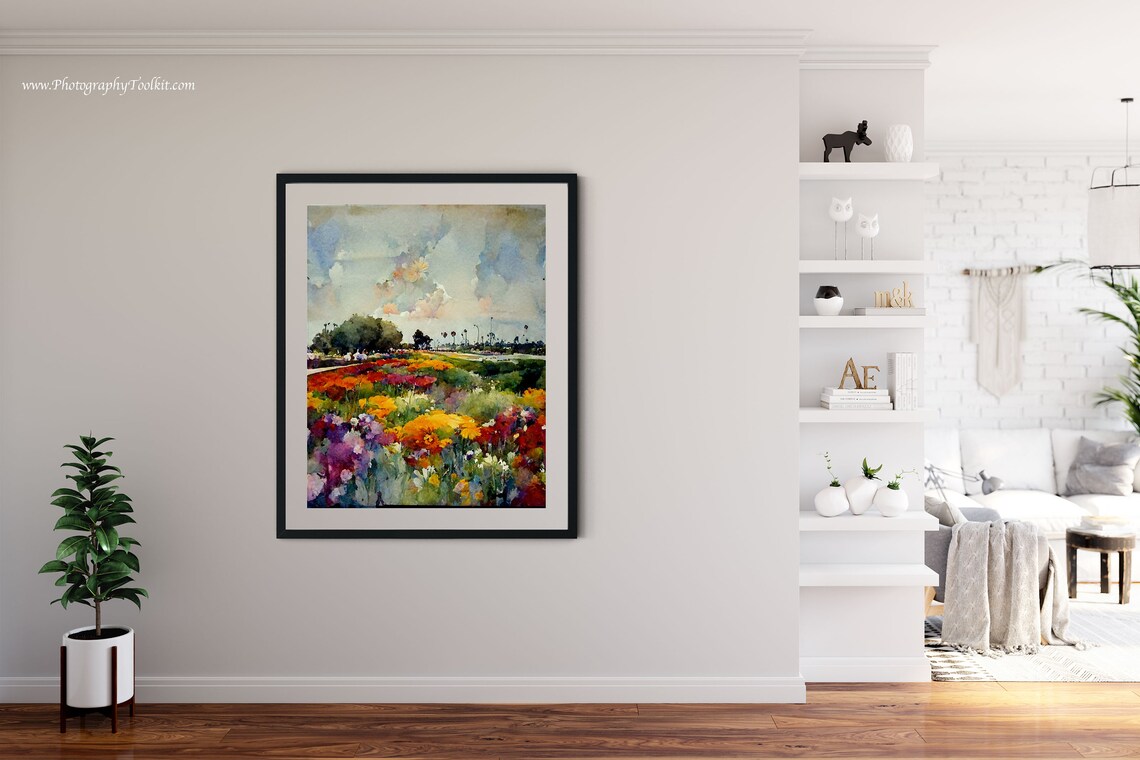Colorful Wildflower Meadow Palm Trees Watercolor Spring Poster - Image 4