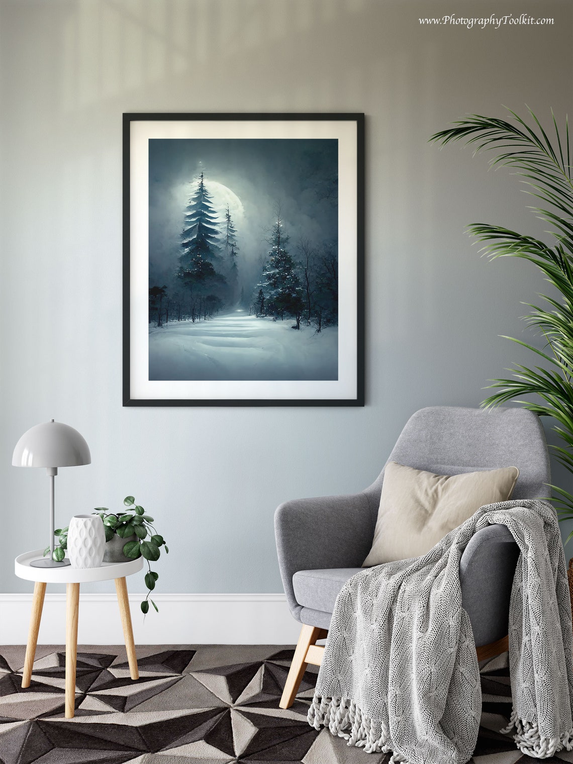 Moonlit Snowy Pine Forest Night Watercolor Winter Landscape Poster - Image 6