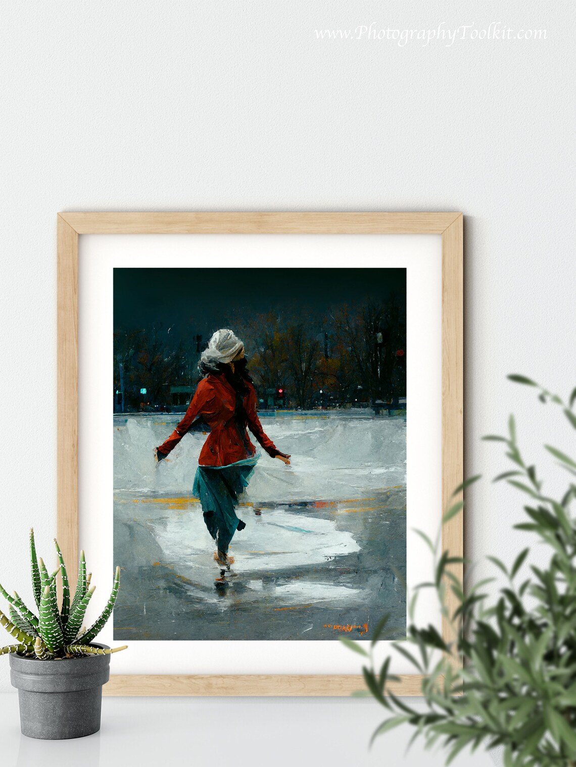 Woman Ice Skating at Night in a Red Coat Painterly Winter Poster - Image 5