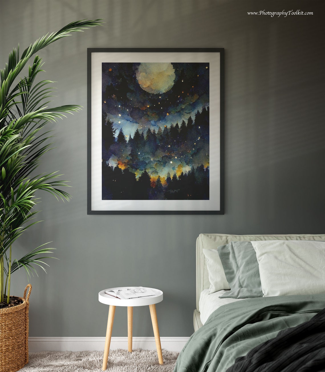 Full Moon Over Pine Forest Night Sky Stars Watercolor Nature Poster - Image 3