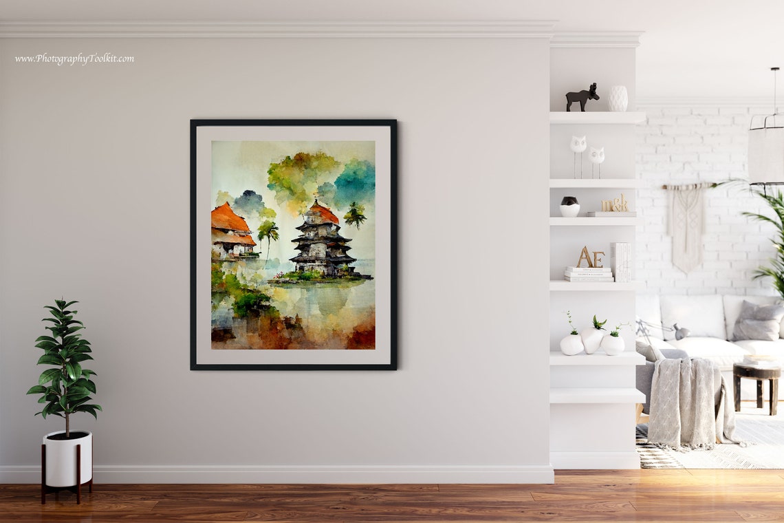 Balinese Temple Tropical Palms Lakeside Watercolor Indonesia Poster - Image 4