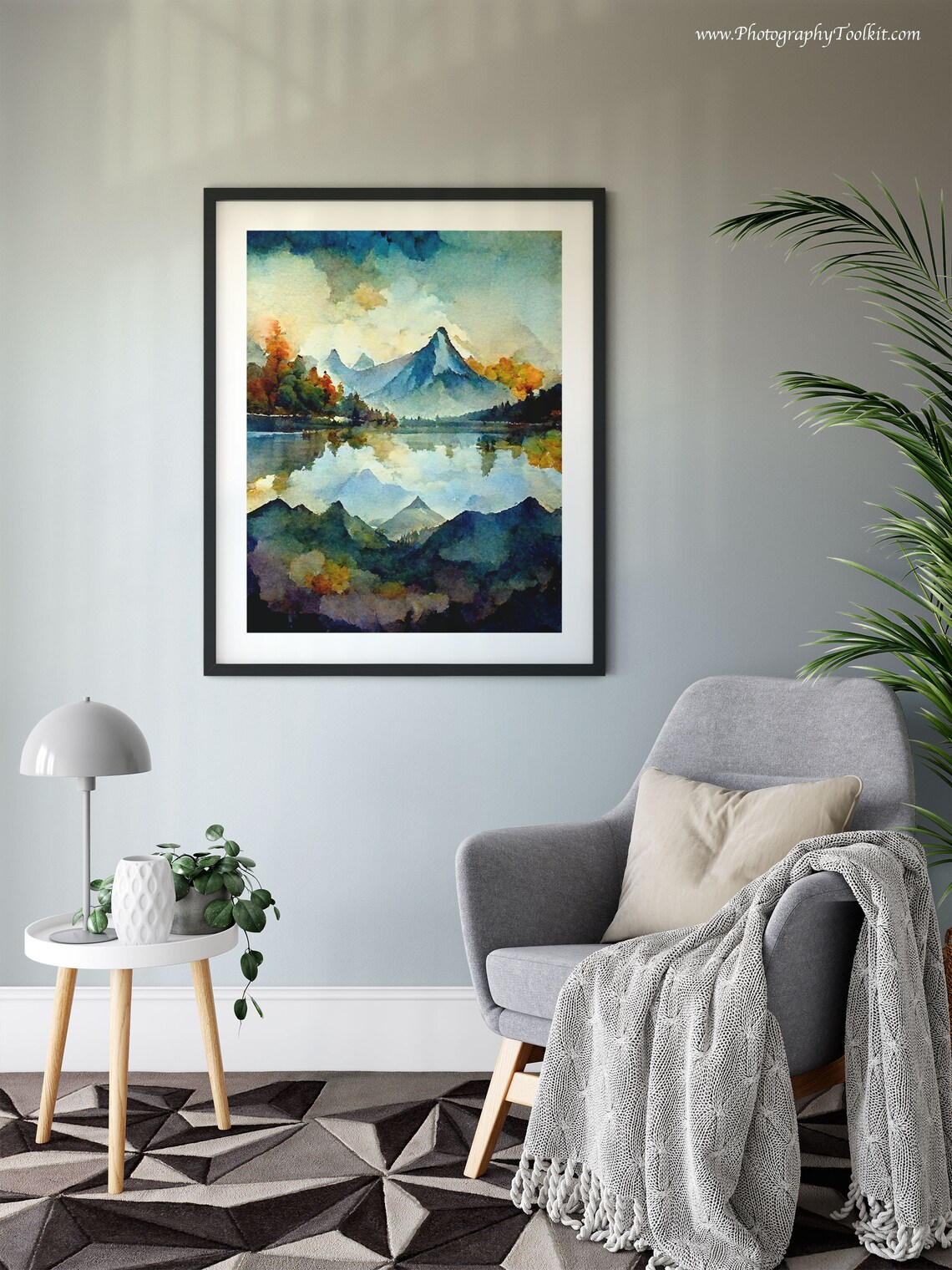 Mountain Peaks Mirrored in a Still Lake Watercolor Landscape Poster - Image 6