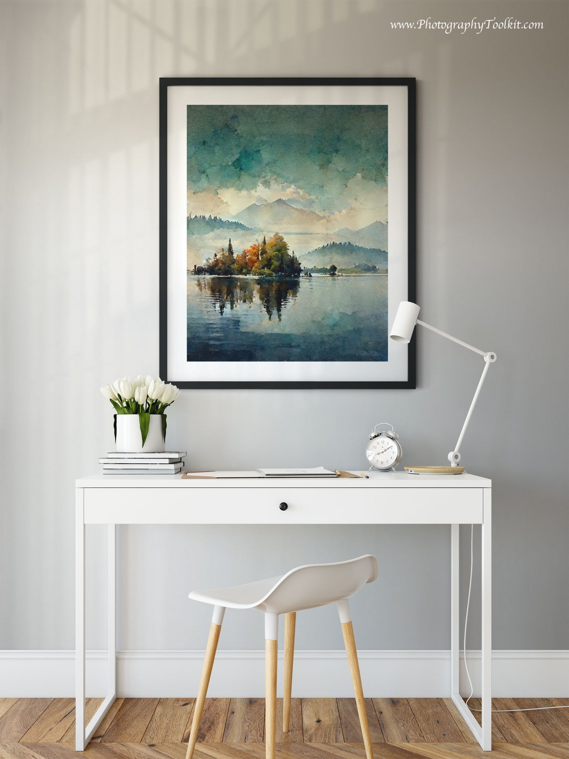 Autumn Lake Island Watercolor Golden Trees Mountain Reflection Poster - Image 2