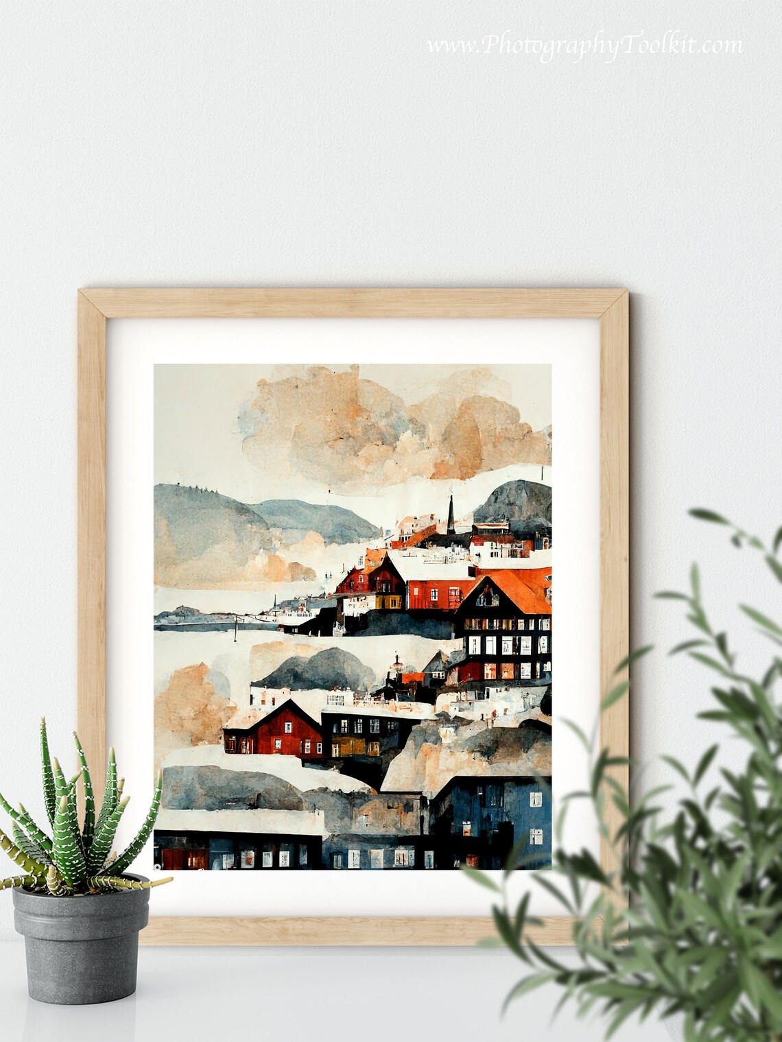 Bergen Norway Harbor Snowy Red Houses Watercolor Travel Poster - Image 5