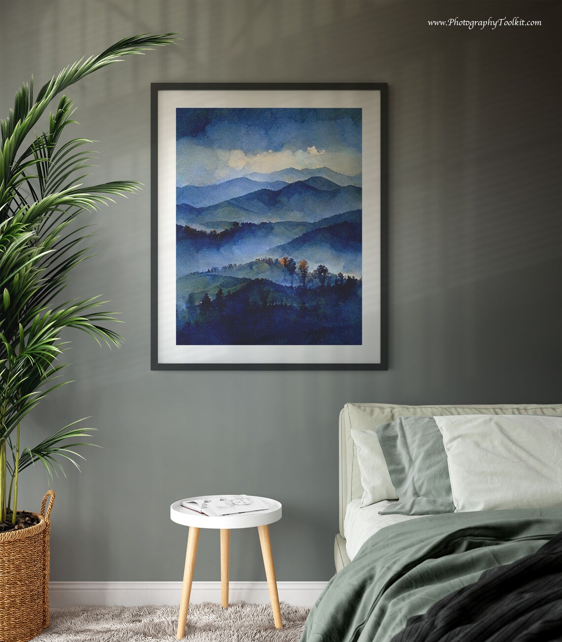 Misty Blue Mountain Watercolor Foggy Ridge Peaceful Nature Art Poster - Image 3