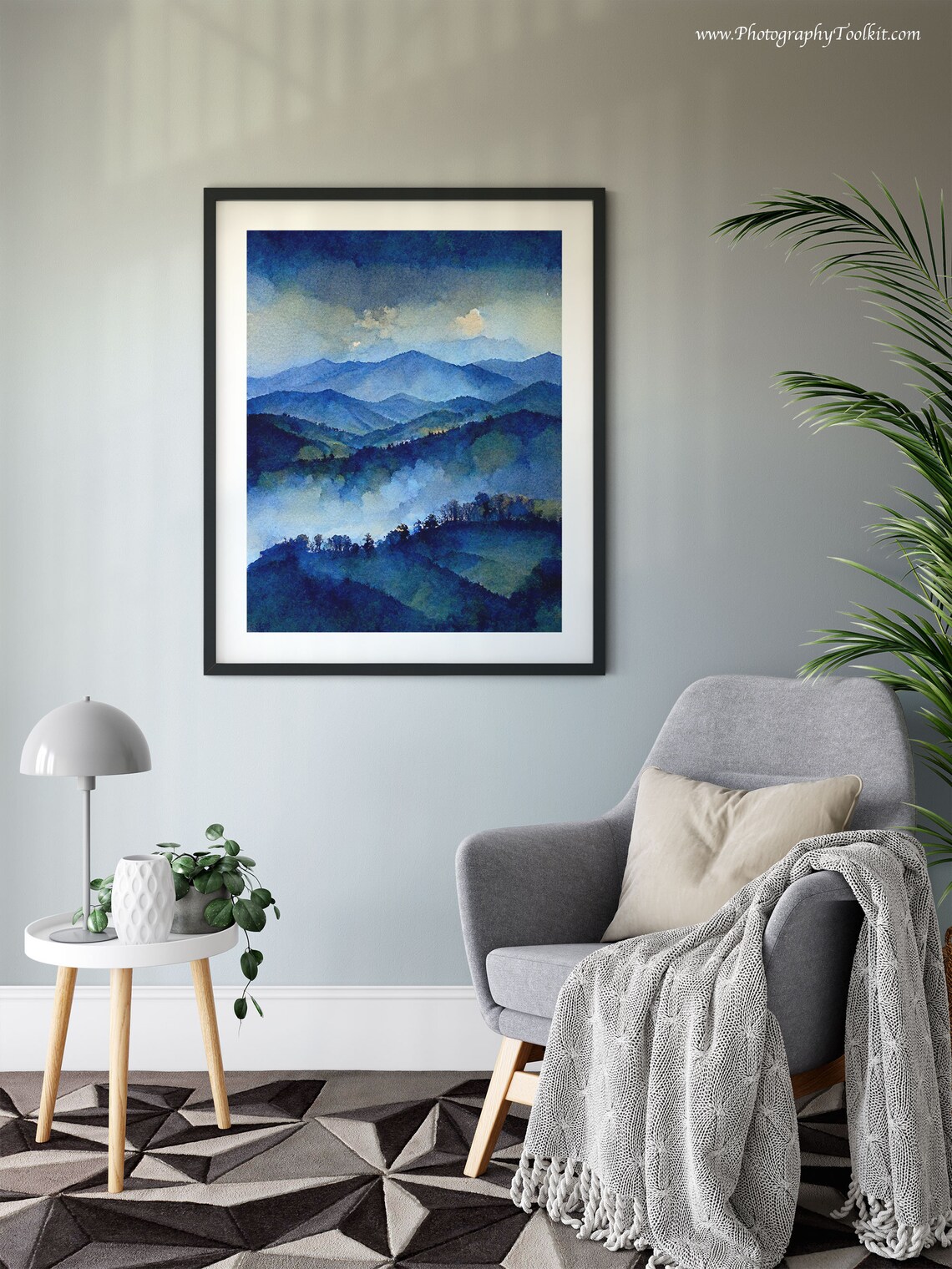 Misty Blue Peaks Watercolor Glowing Clouds Over Foggy Mountain Poster - Image 6