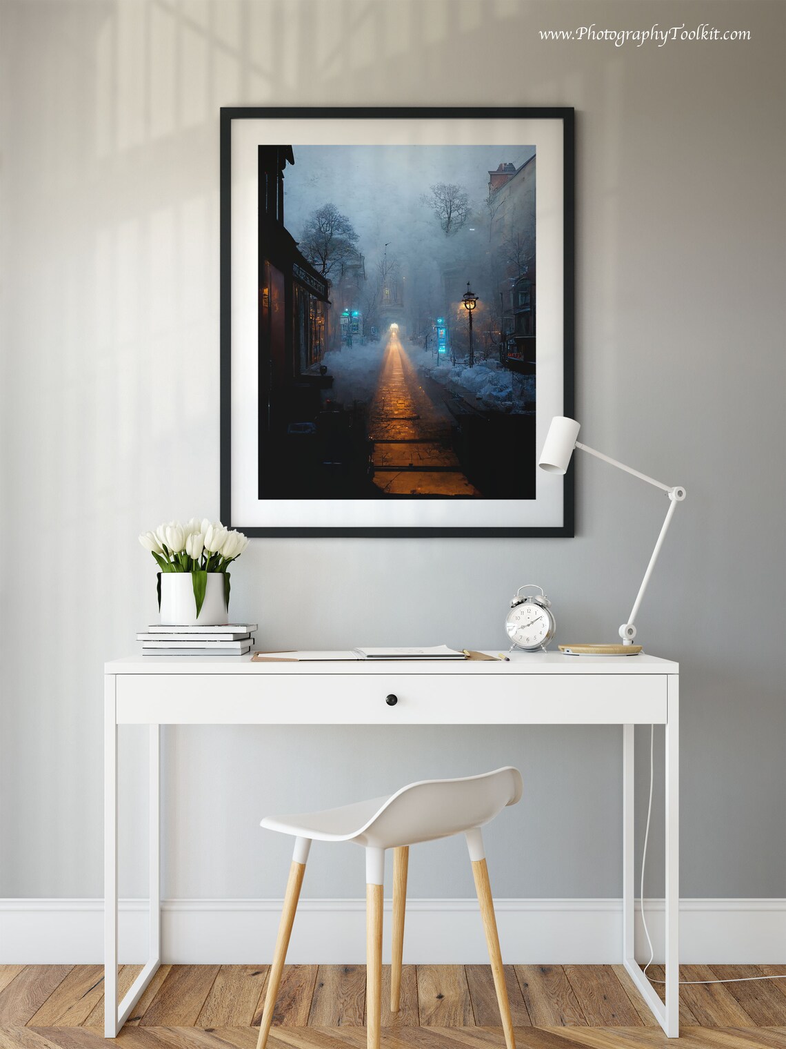Snowy City Street At Night Lamp Light Winter Evening Scene Poster - Image 2