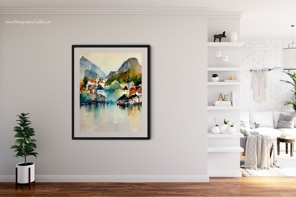 Hallstatt Austria Alpine Lake Reflection Watercolor Scenic Poster - Image 4