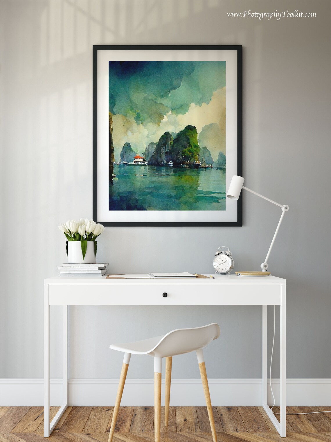 Ha Long Bay Vietnam Karst Cliffs Boats Teal Watercolor Poster - Image 2