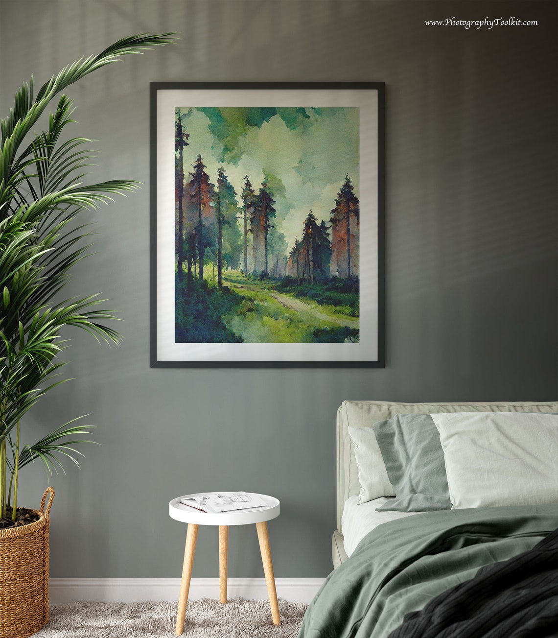 Tall Pine Trees Misty Woodland Trail Serene Watercolor Poster - Image 3