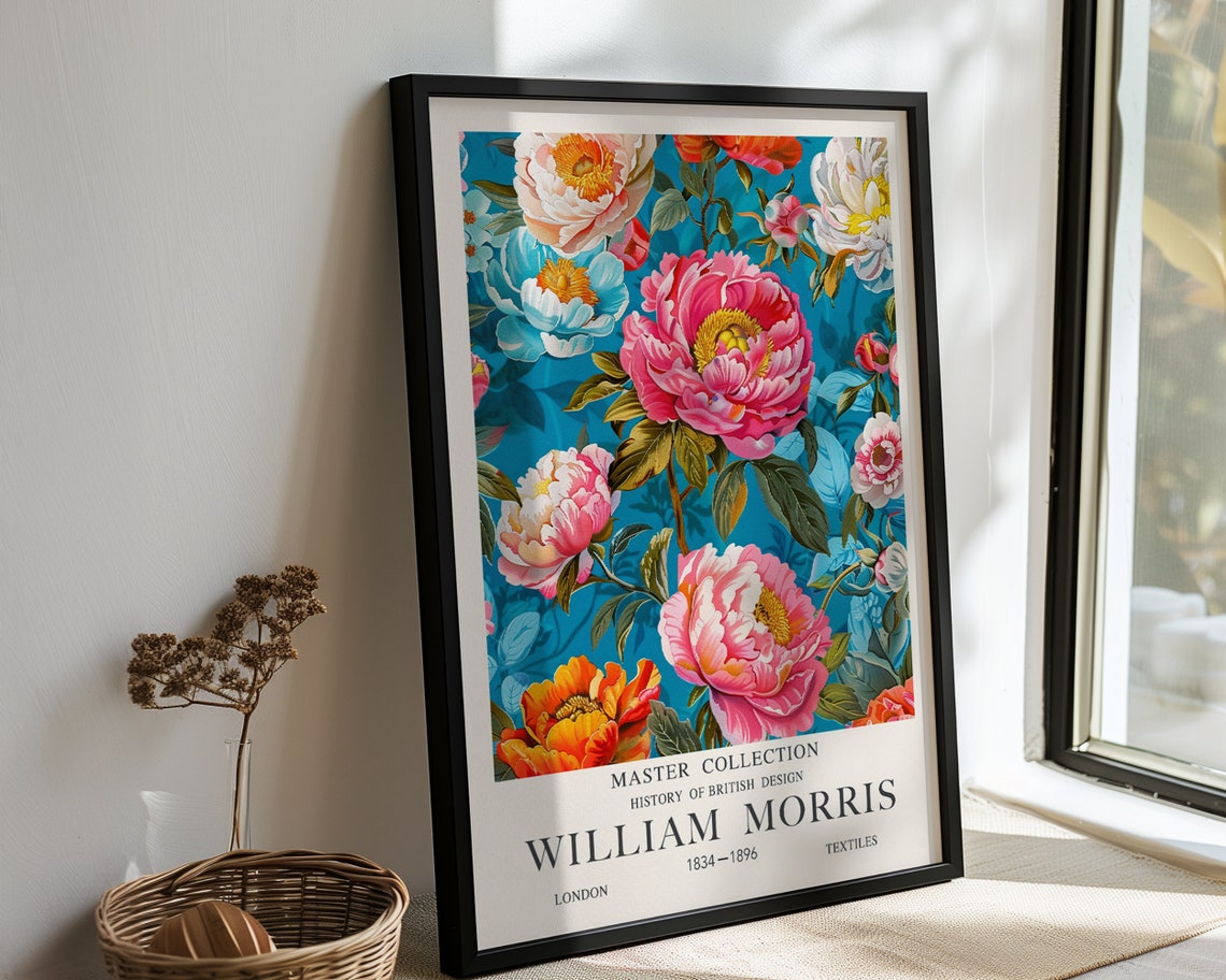 William Morris Pink Peonies Teal Botanical Master Collection Poster - Image 2