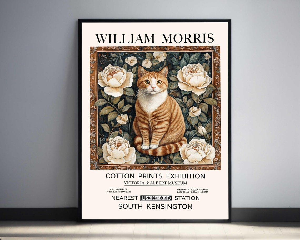William Morris Ginger Tabby Cat With White Roses Exhibition Poster