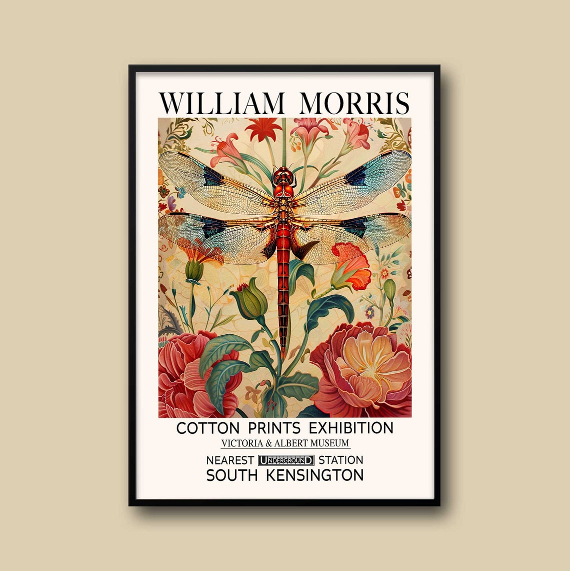 William Morris Dragonfly Print Red Yellow Vintage Flower Print Vibrant Dragonfly Exhibition Poster Living Room Print Classic Textile Print