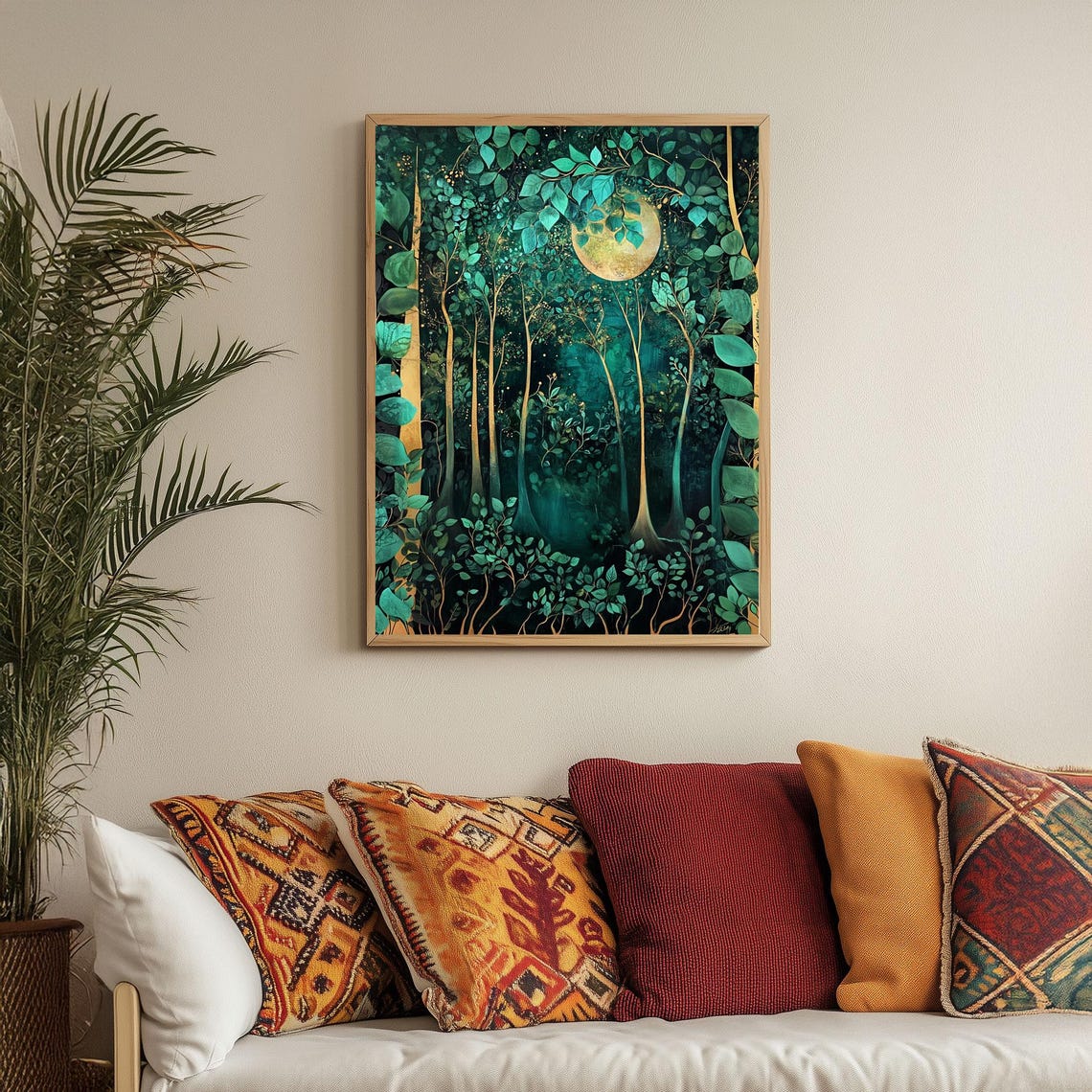 Emerald Forest With Golden Moon Mystical Woodland Night Poster - Image 2